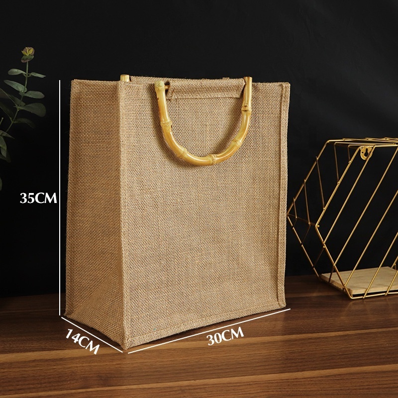 Custom Logo Printed Eco Reusable Hemp Shopping Tote Burlap Jute Bag With Bamboo Handle