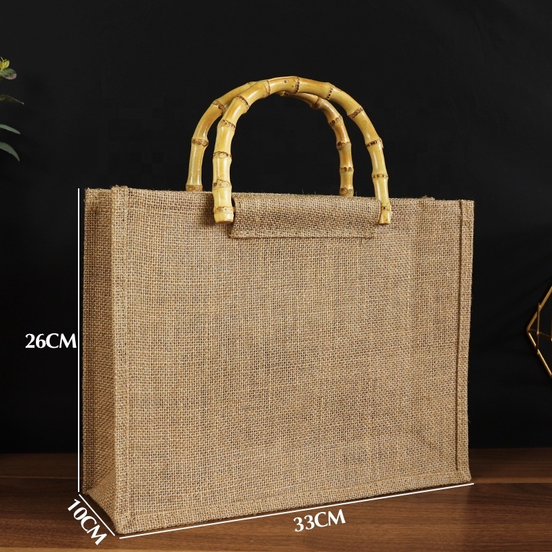 Custom Logo Printed Eco Reusable Hemp Shopping Tote Burlap Jute Bag With Bamboo Handle