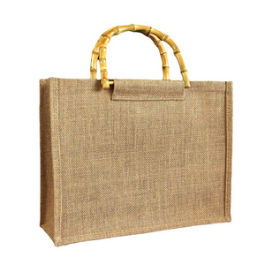 Custom Logo Printed Eco Reusable Hemp Shopping Tote Burlap Jute Bag With Bamboo Handle