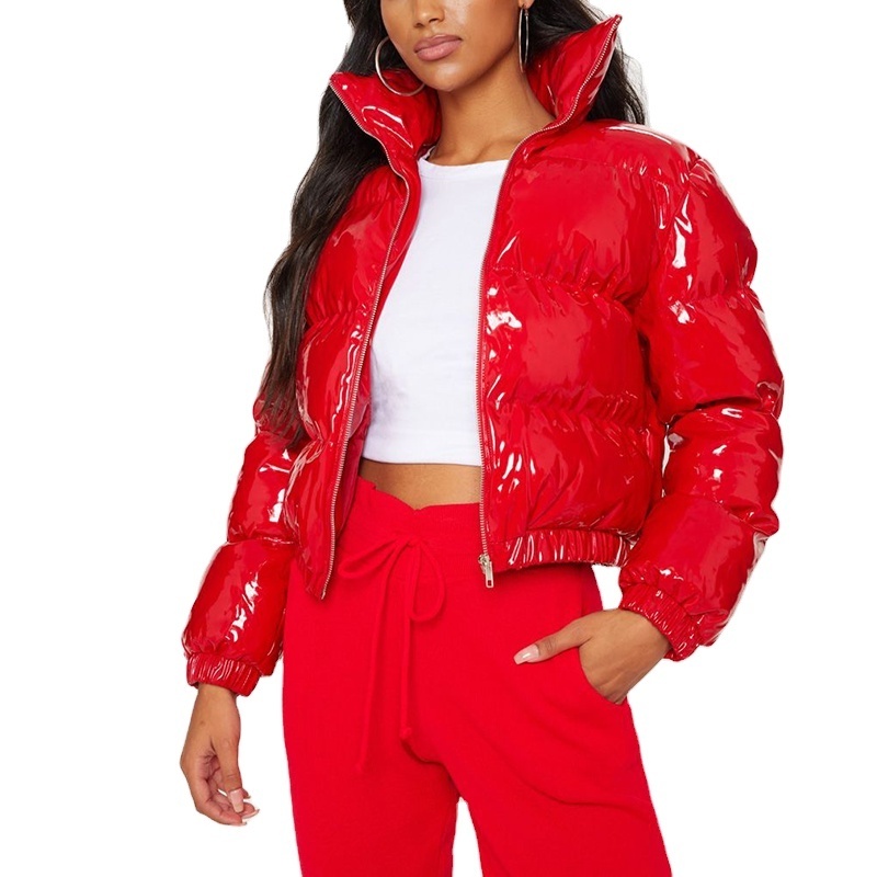 2021 Winter New Arrival Vinyl Cropped Puffer Jacket Women Sexy Down Jacket in Red