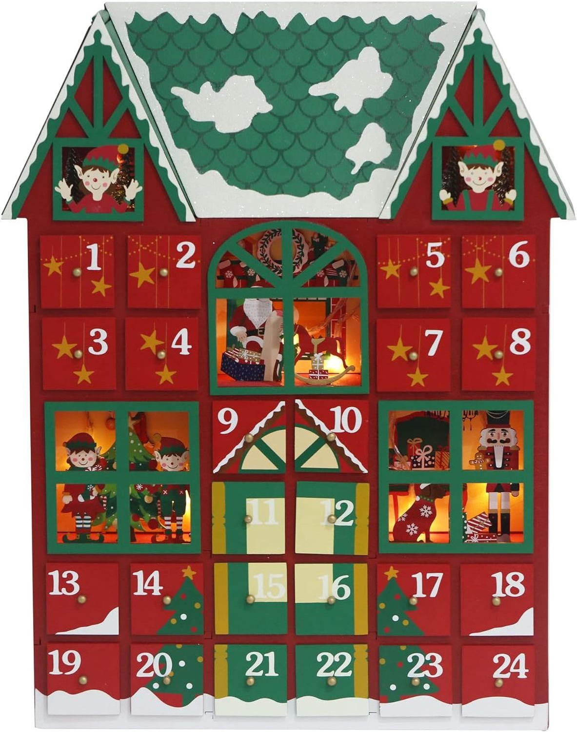 Large Christmas Wooden Advent Calendar House with Drawers to Fill Small Gifts Countdown to Christmas Decoration