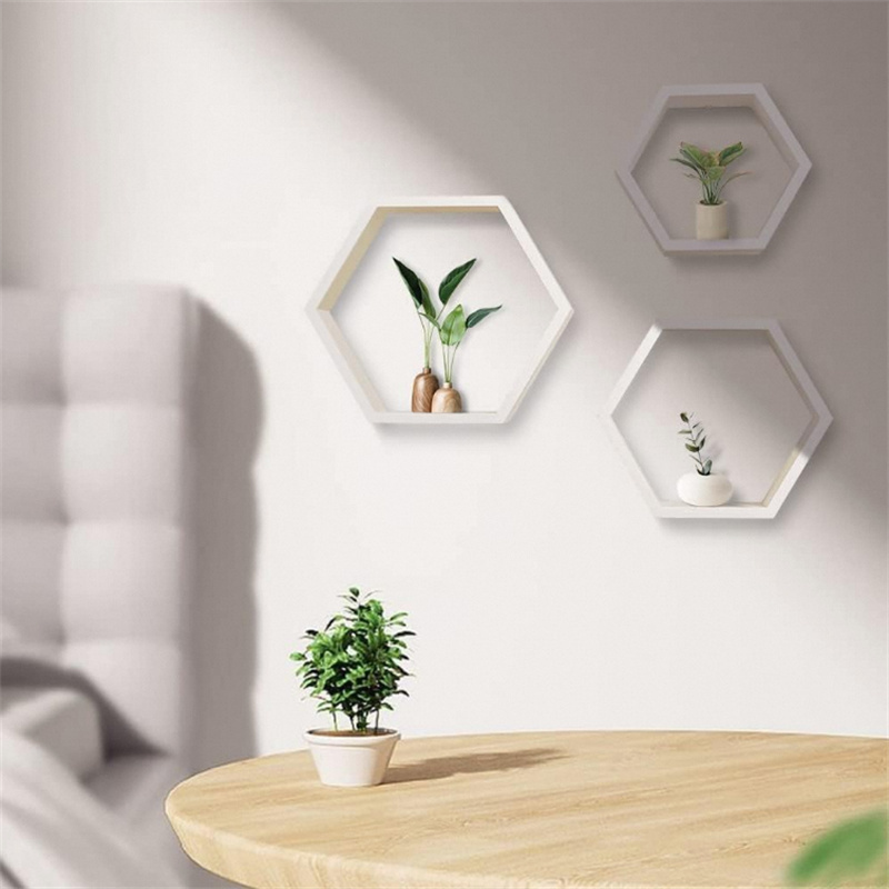 Set of 3 White Honeycomb Wood Hexagon Shelves Custom Display Wall Shelf  living room kitchen wall Shelf