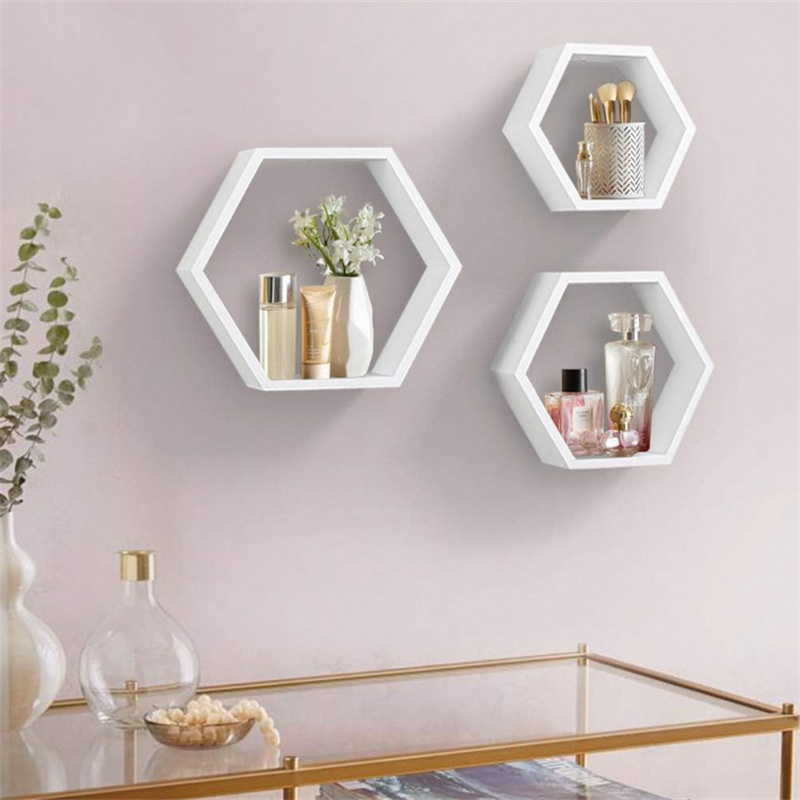 Set of 3 White Honeycomb Wood Hexagon Shelves Custom Display Wall Shelf  living room kitchen wall Shelf