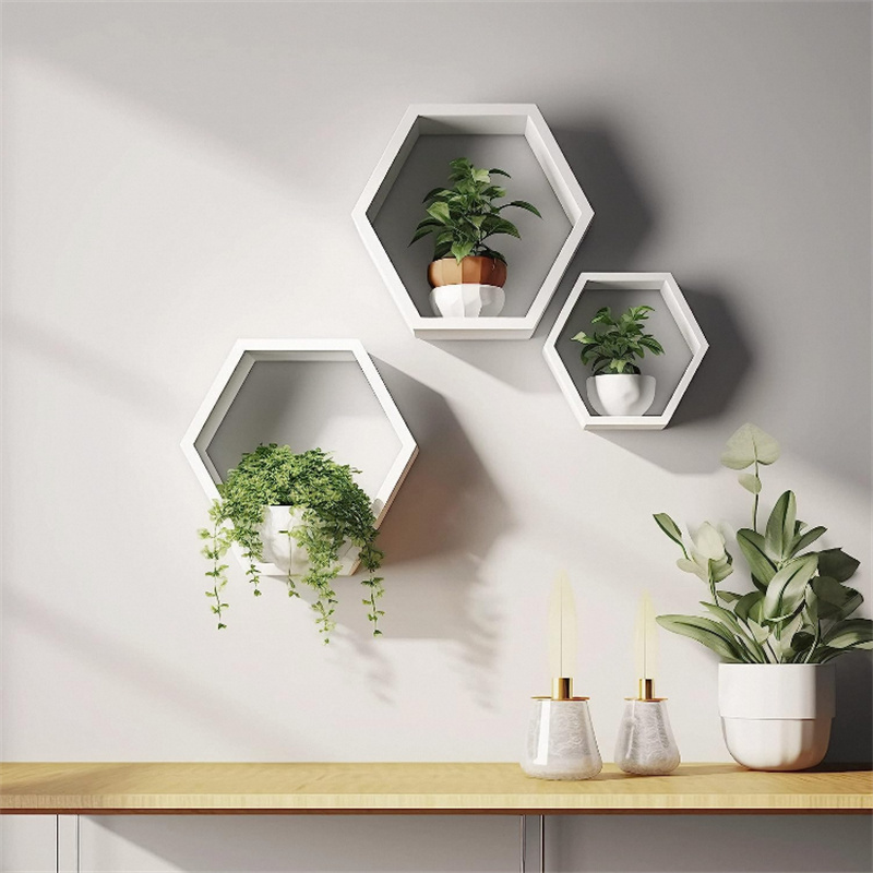 Set of 3 White Honeycomb Wood Hexagon Shelves Custom Display Wall Shelf  living room kitchen wall Shelf