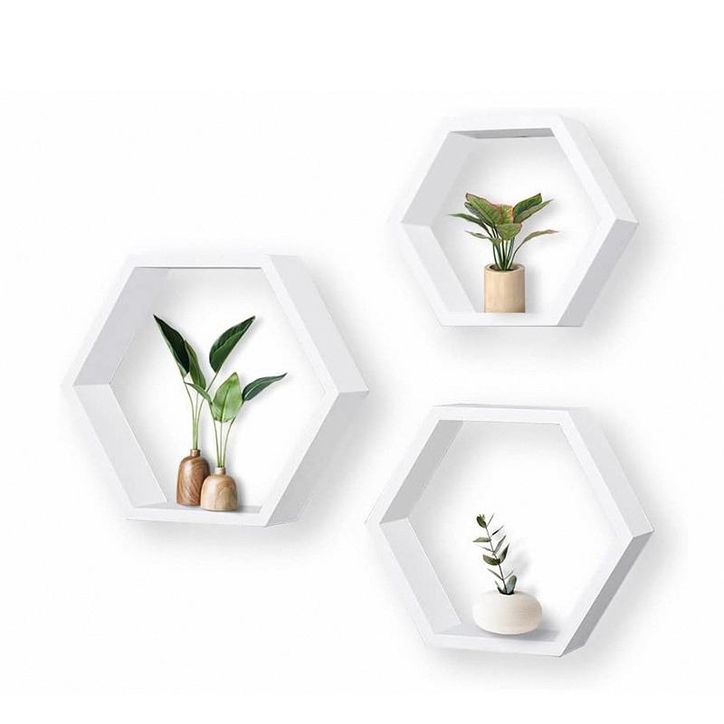 Set of 3 White Honeycomb Wood Hexagon Shelves Custom Display Wall Shelf  living room kitchen wall Shelf