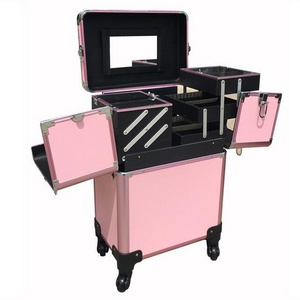 Yaeshii Multi-Layer PVC Hardware Pink Rolling Cosmetic Makeup Trolley Case