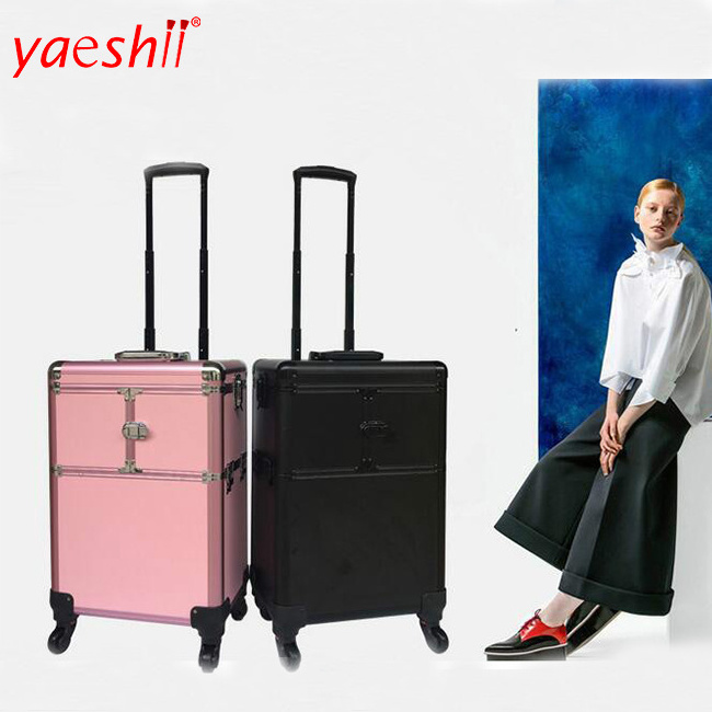 Yaeshii Multi-Layer PVC Hardware Pink Rolling Cosmetic Makeup Trolley Case