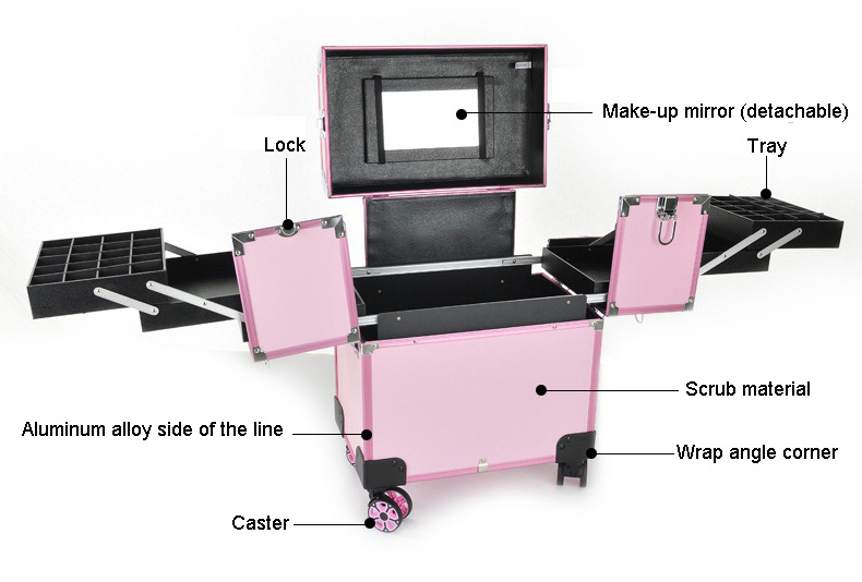 Yaeshii Multi-Layer PVC Hardware Pink Rolling Cosmetic Makeup Trolley Case