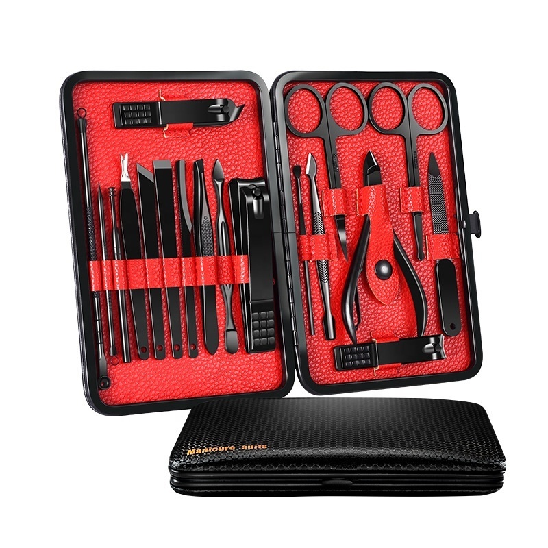 Yaeshii New Stainless steel custom pedicure black nail scissors set custom nail clippers 18-piece nail tool set