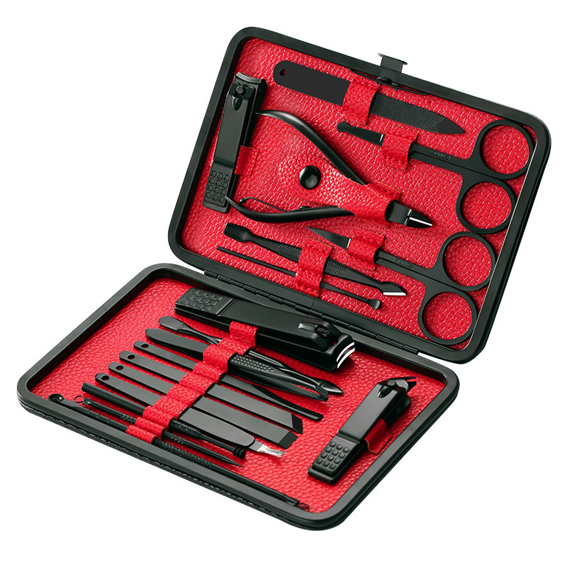 Yaeshii New Stainless steel custom pedicure black nail scissors set custom nail clippers 18-piece nail tool set