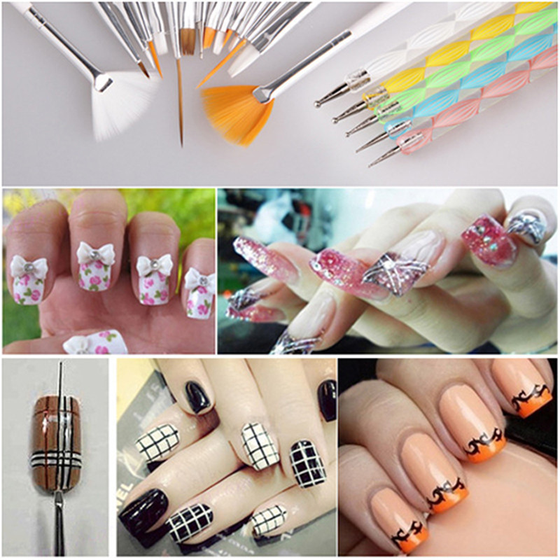 20PCS Nail Salon Suppliers French Brush On Nail Glue Liner with Double End Dotting Painting Decoration Tools Set