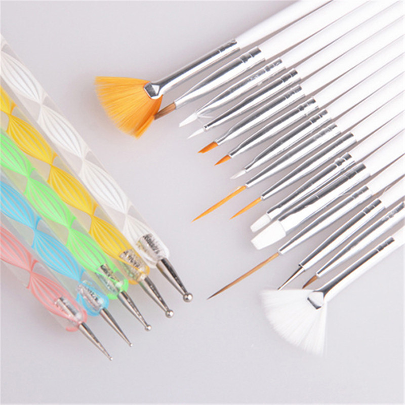 20PCS Nail Salon Suppliers French Brush On Nail Glue Liner with Double End Dotting Painting Decoration Tools Set