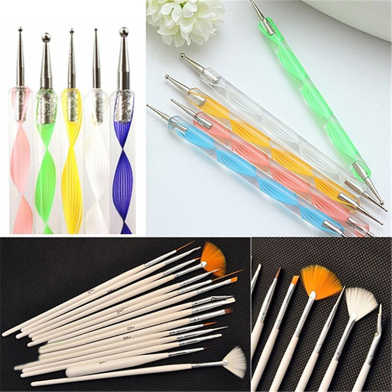 20PCS Nail Salon Suppliers French Brush On Nail Glue Liner with Double End Dotting Painting Decoration Tools Set