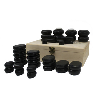 Hot Selling Wooden Box Black Natural Basalt Massage Stone Set 40pcs Hot Massage Stone with Warmer