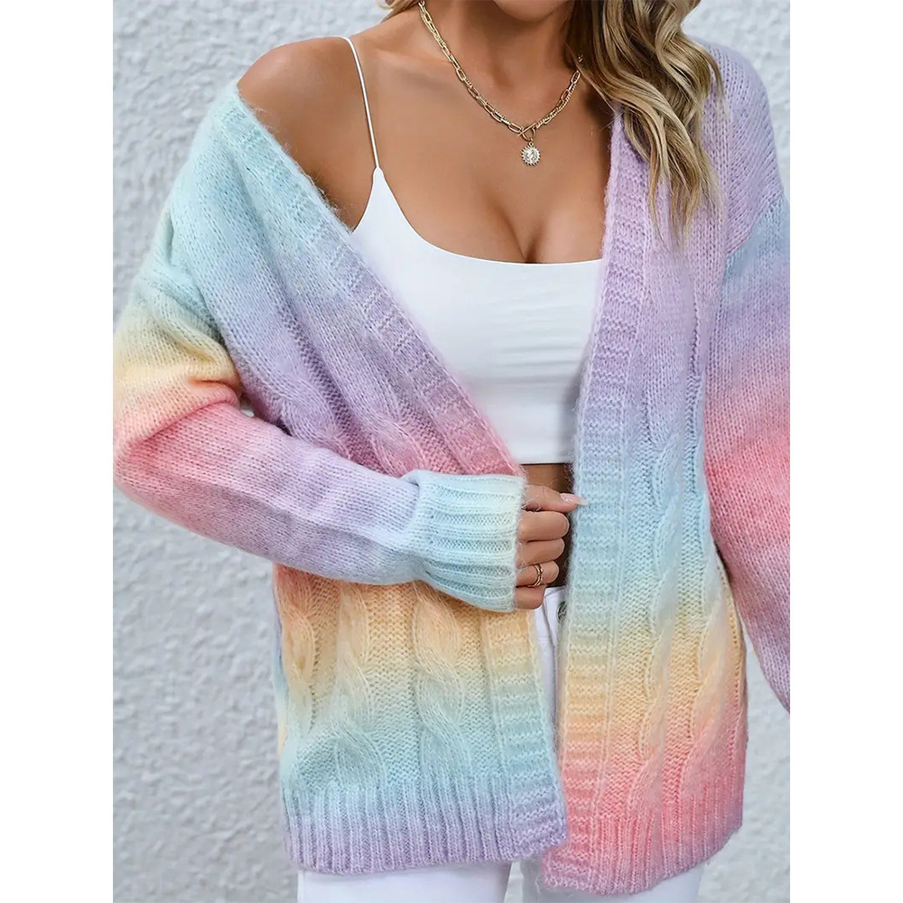 women's Ombre Cable Knit Duster Cardigan Twist women spring and fall loose medium-length sweater