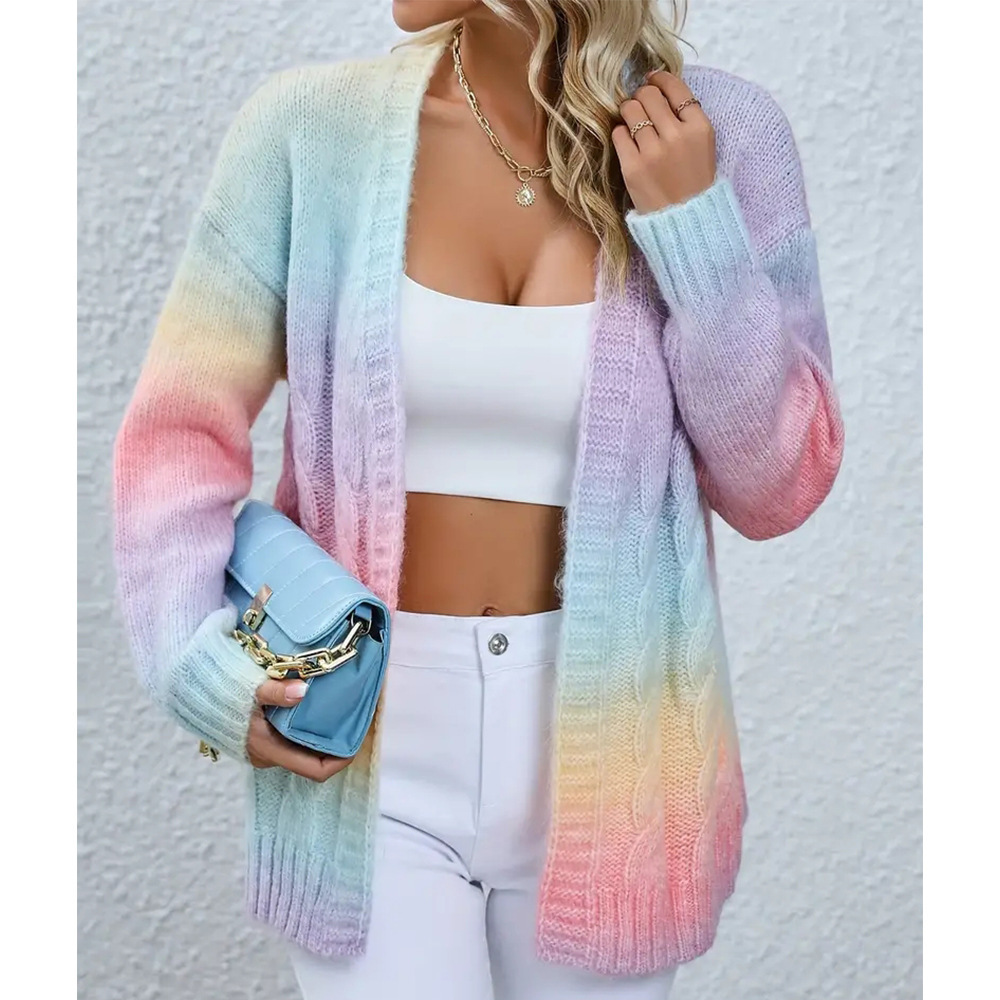 women's Ombre Cable Knit Duster Cardigan Twist women spring and fall loose medium-length sweater