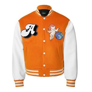 Custom OEM Long Sleeve Orange White Baseball Varsity Jacket Leather Sleeves Wholesale Men Chenille Embroidered Letterman Jackets