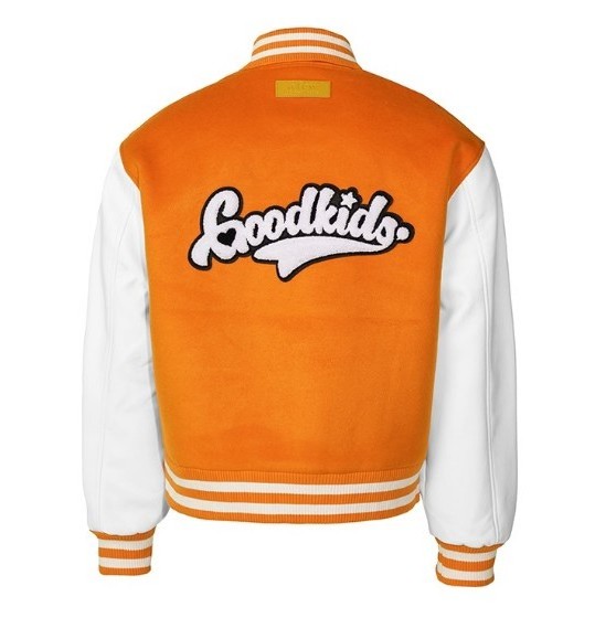 Custom OEM Long Sleeve Orange White Baseball Varsity Jacket Leather Sleeves Wholesale Men Chenille Embroidered Letterman Jackets