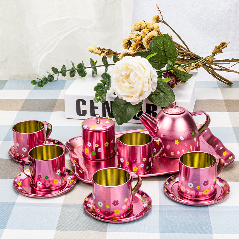 OEM for famous brand House Kitchen Dessert Pretend Play Metal Stainless Steel cup Cookware tea pot time Toys For Kids