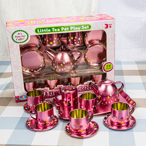 OEM for famous brand House Kitchen Dessert Pretend Play Metal Stainless Steel cup Cookware tea pot time Toys For Kids