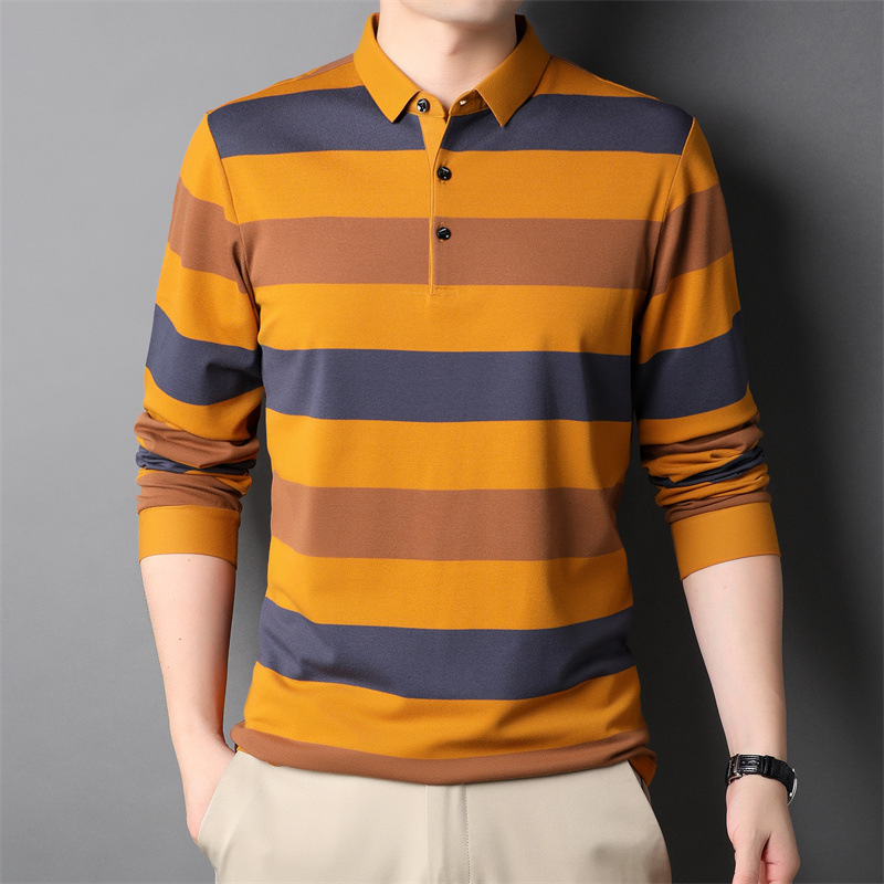 2021 popular Men's  round O neck classic fit long Sleeve polo shirts 100% cotton fashion wearing T-shirt leisure stripes shirts