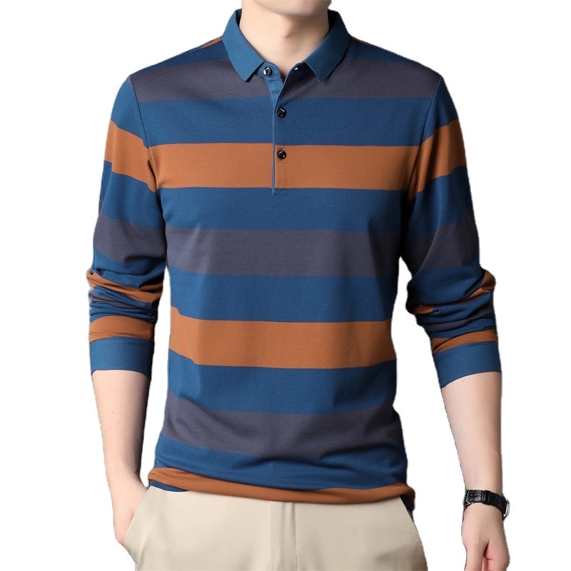 2021 popular Men's  round O neck classic fit long Sleeve polo shirts 100% cotton fashion wearing T-shirt leisure stripes shirts