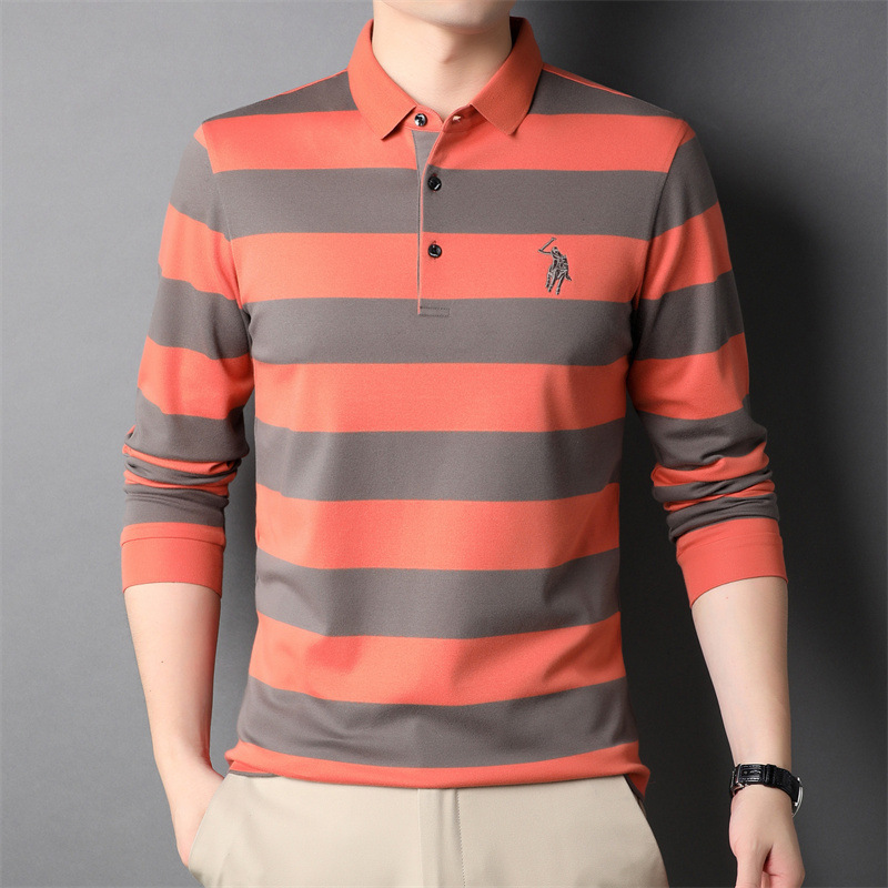 2021 popular Men's  round O neck classic fit long Sleeve polo shirts 100% cotton fashion wearing T-shirt leisure stripes shirts