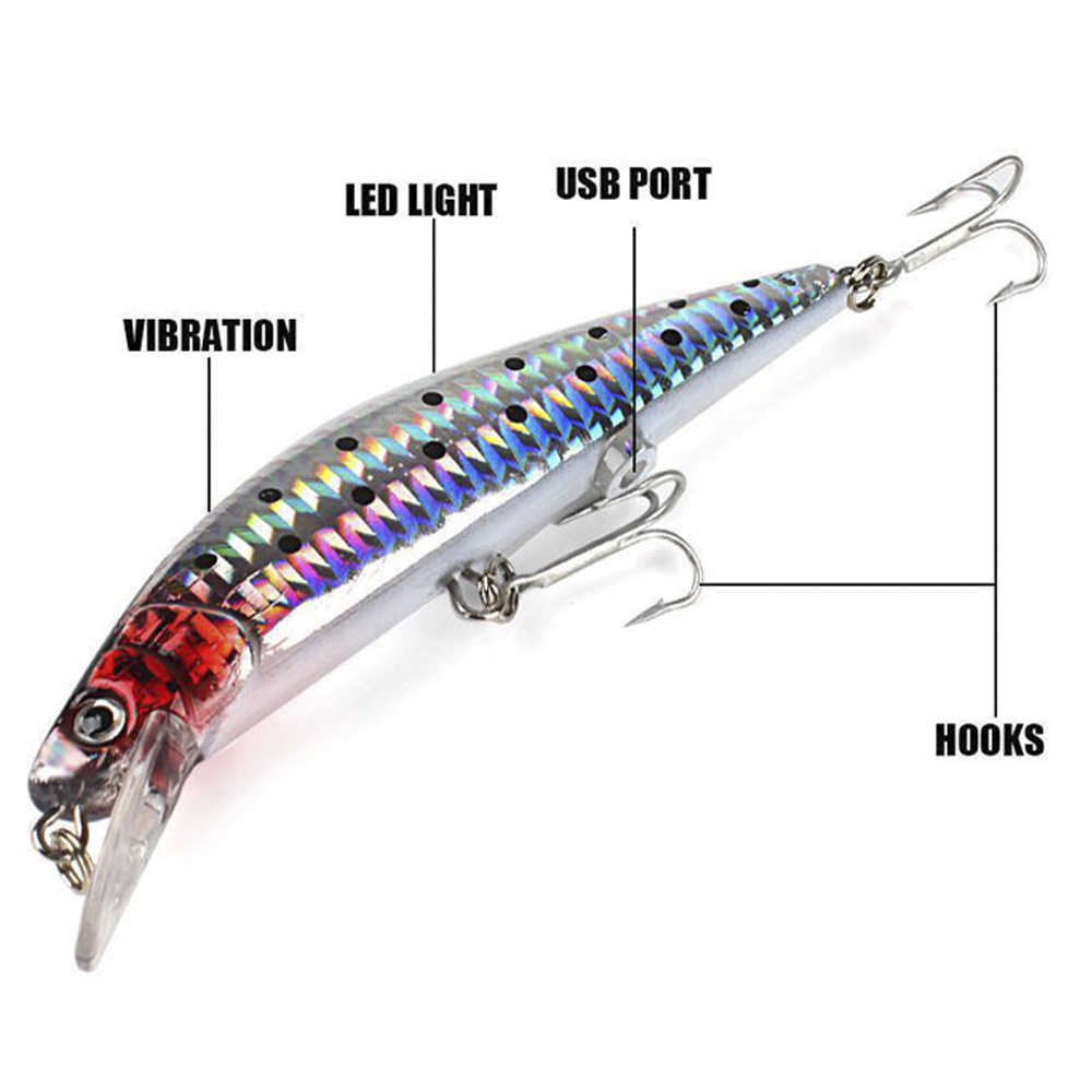 USB Rechargeable Flashing LED Light Twitching Fishing Lures 12cm 19g Bait Electric Hard Minnow Lure