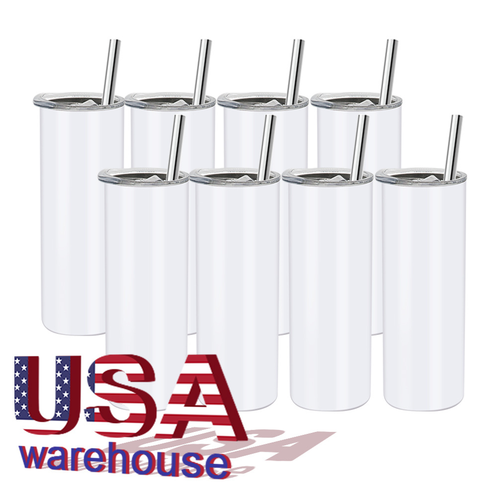 Tumblers Wholesale Bulk White 20Oz Skinny Stainless Steel Blank Sublimation Tumblers 20 Oz Straight Tumbler With Straw