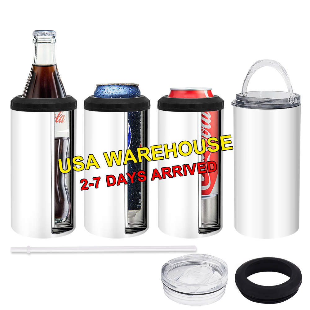 USA Warehouse 4 in 1 16oz skinny straight Stainless Steel Insulated slim sublimation can cooler for keeping drinking cold