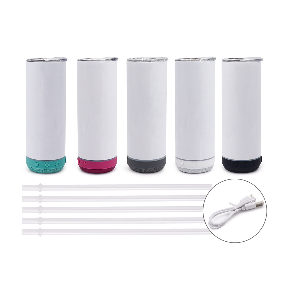 USA Warehouse 20oz Stainless Steel Straight Sublimation Blanks blue tooth Speaker Tumbler Sublimation Music Cup With Lids