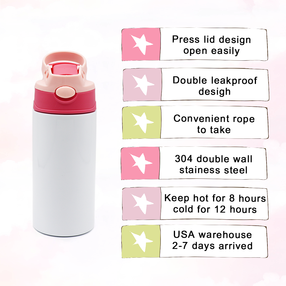 USA 12oz double wall stainless steel mug sublimation blank glass water bottle insulated for school kids tumblers with flip top