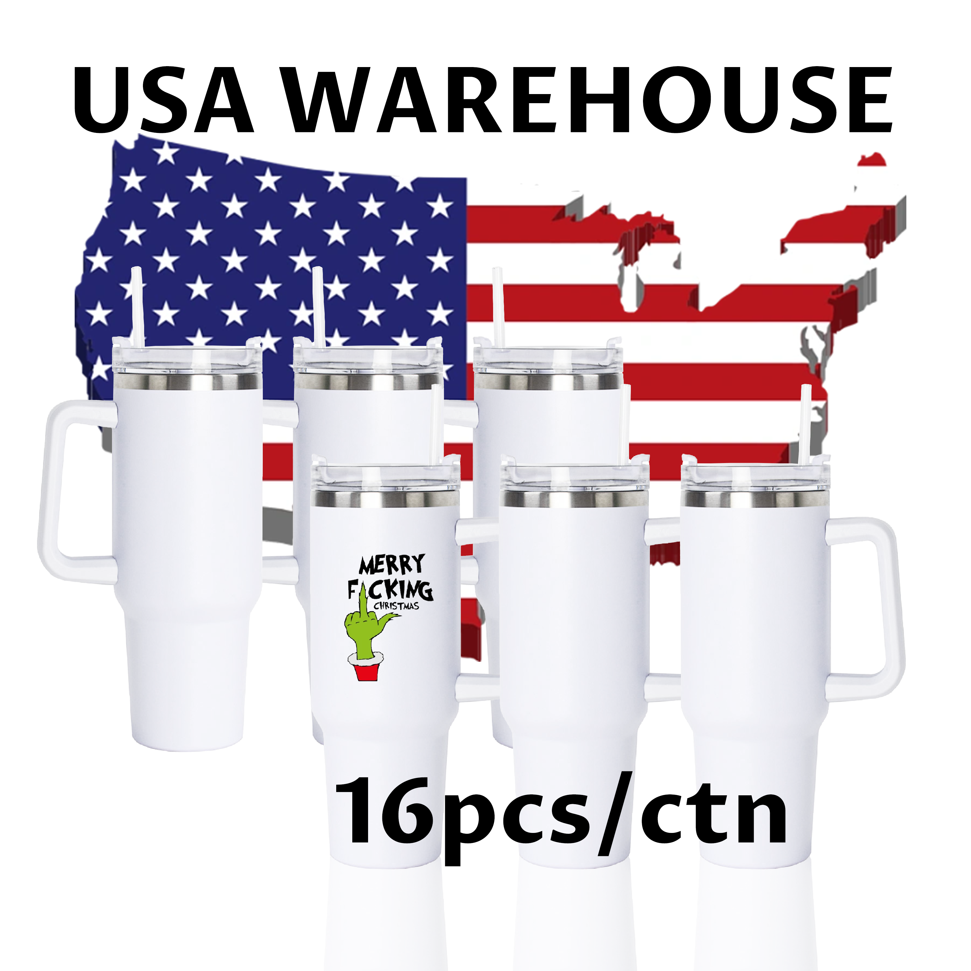 USA Warehouse 40 oz Stainless Steel double wall Coffee Travel Cup Mug White Blanks Sublimation Tumbler with Handle and straw