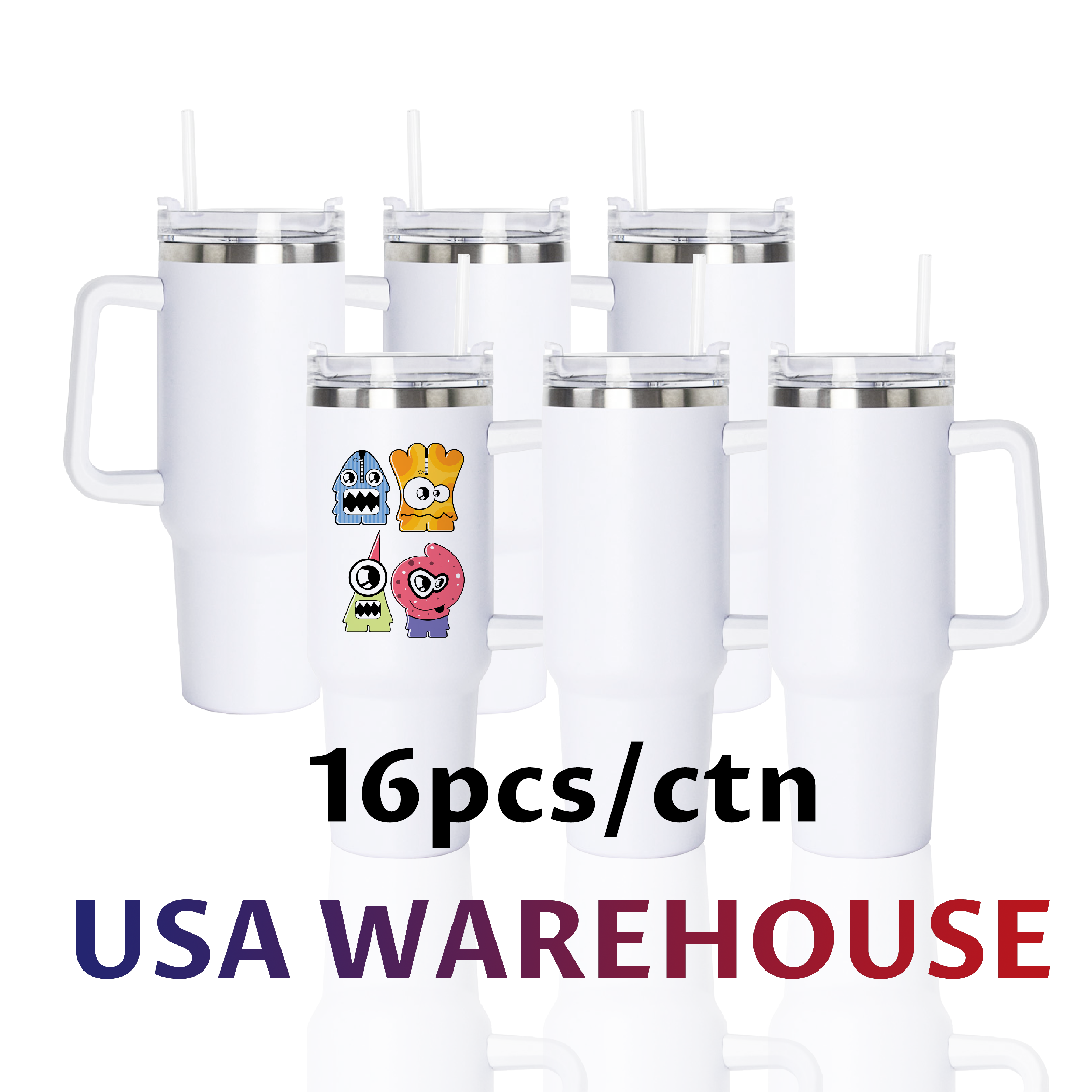 USA Warehouse 40 oz Stainless Steel double wall Coffee Travel Cup Mug White Blanks Sublimation Tumbler with Handle and straw