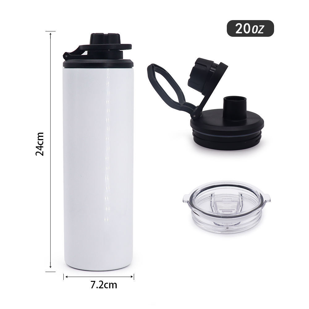 Hot Seller 20oz Stainless Steel White Skinny Straight Thermos Flask Sublimation Tumbler Water Bottle with Straw and Dual Lids