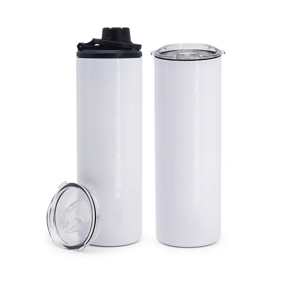 Hot Seller 20oz Stainless Steel White Skinny Straight Thermos Flask Sublimation Tumbler Water Bottle with Straw and Dual Lids