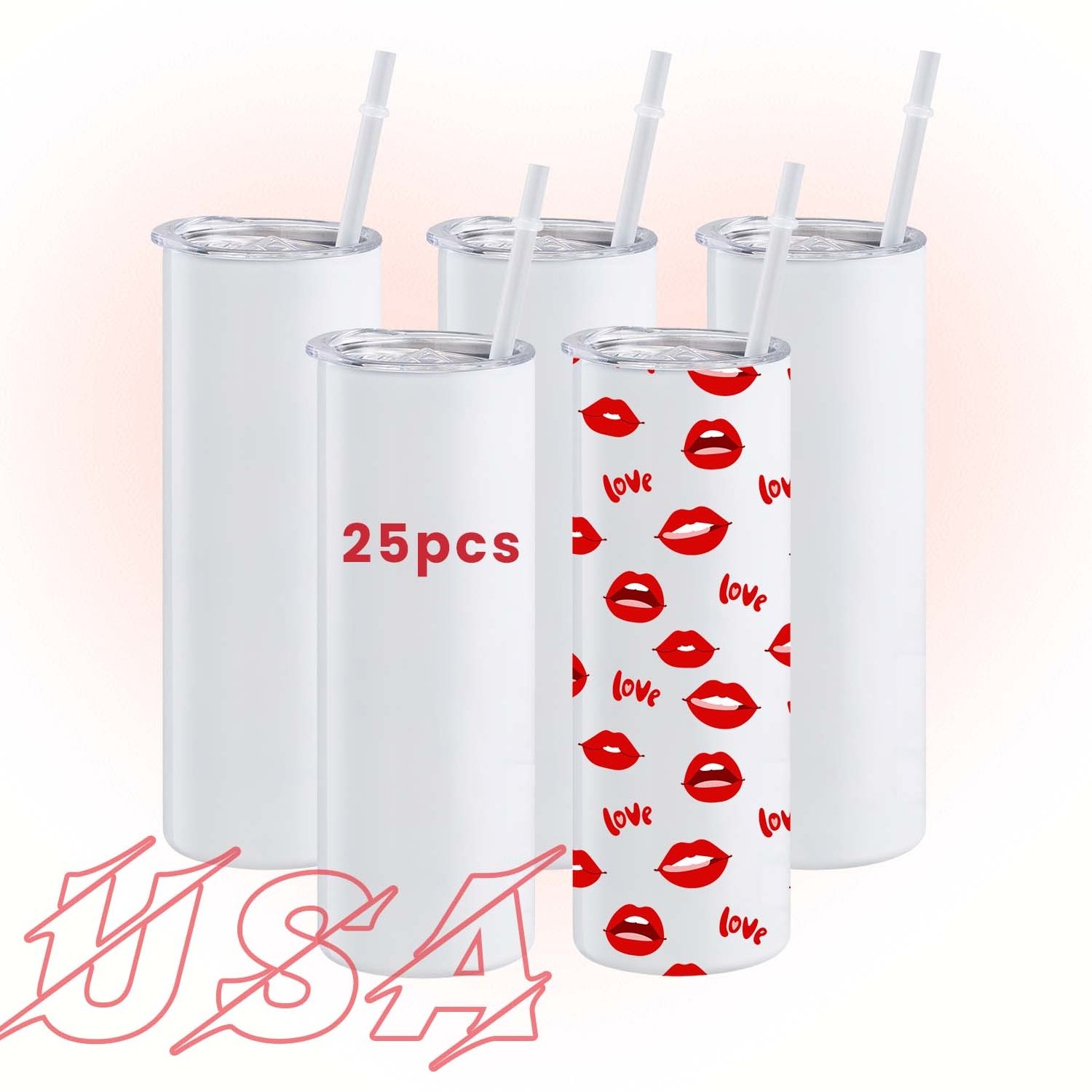 USA Warehouse 20oz Custom Stainless Steel Skinny Straight Blank Sublimation Right Angle Tumbler with Straw for Valentine'S Day