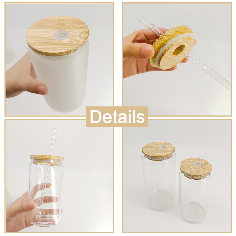 Amazon hot stocked 12oz 16oz Clear Frosted Sublimation Blanks tumbler Glass Beer Can Glass Cup With Bamboo Lid And Straw