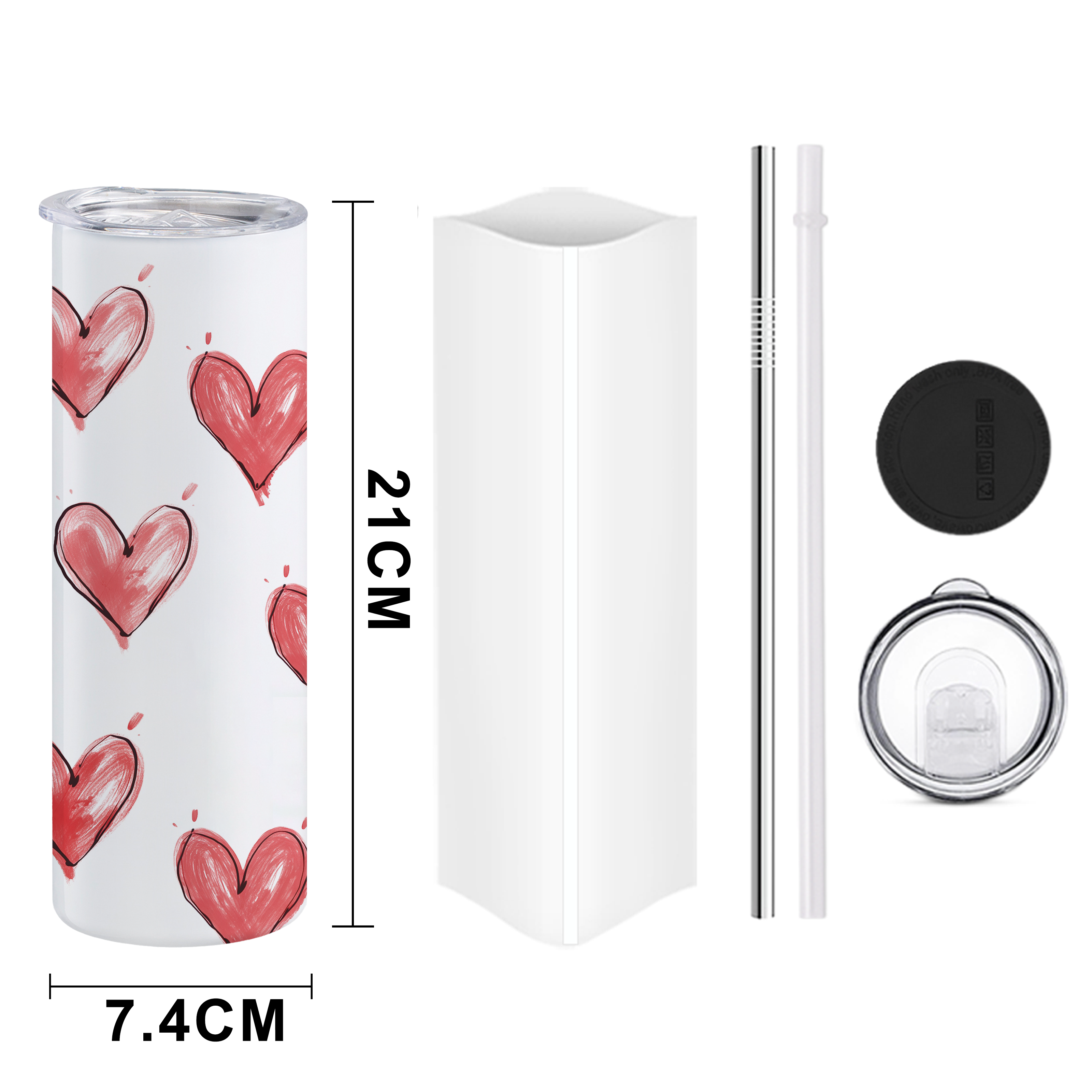 USA Warehouse 20oz Custom Stainless Steel Skinny Straight Blank Sublimation Right Angle Tumbler with Straw for Valentine'S Day