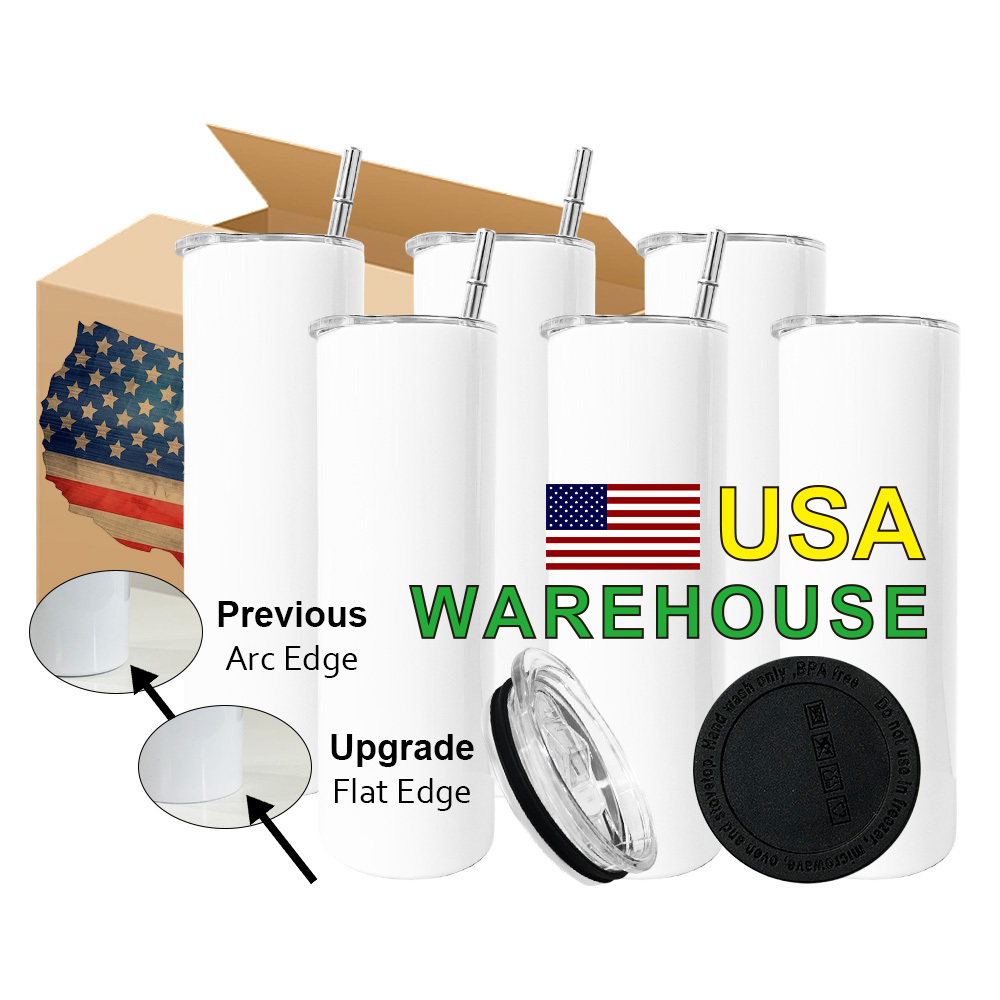 USA warehouse 20 oz  sublimation blanks mugs Stainless Steel cup double wall 20oz straight Tumblers with Straw and Rubber Bottom