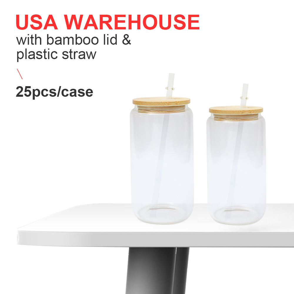 US warehouse 12oz 16oz 25oz sublimation blanks libbey glass beer can shaped clear  frost beer glass with bamboo lids and straws