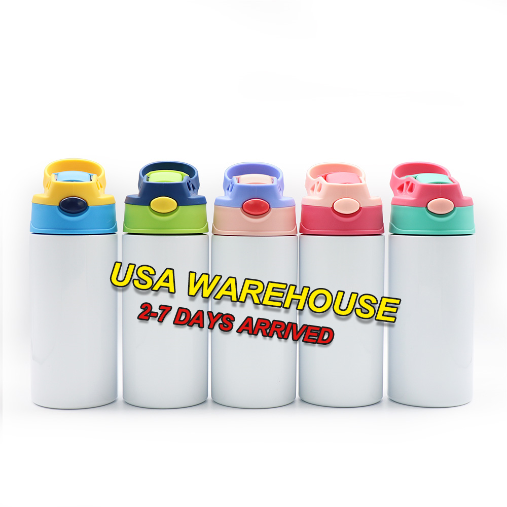 USA warehouse 12oz 350ml Sublimation blanks kids Cup Stainless Steel Flip Top straight Water Bottle Kids sublimation tumbler