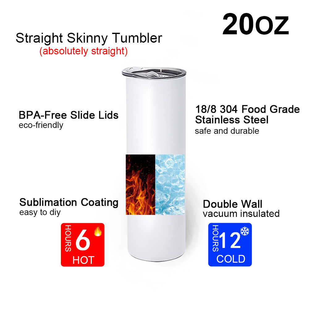 USA warehouse in stock 20oz stainless steel double walled insulated coffee mug white skinny straight blanks sublimation tumbler