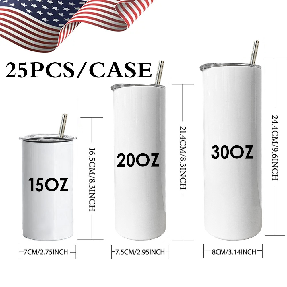 USA warehouse in stock 20oz stainless steel double walled insulated coffee mug white skinny straight blanks sublimation tumbler