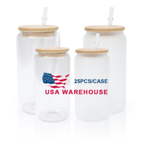 US warehouse 12oz 16oz 25oz sublimation blanks libbey glass beer can shaped clear  frost beer glass with bamboo lids and straws