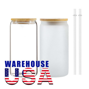 Sublimation Blanks 16oz Drinking Libbey Clear Frosted Glass Bottles Beer Can Glass Cup Tumbler with Bamboo Lid and Straw