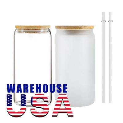 Sublimation Blanks 16oz Drinking Libbey Clear Frosted Glass Bottles Beer Can Glass Cup Tumbler with Bamboo Lid and Straw