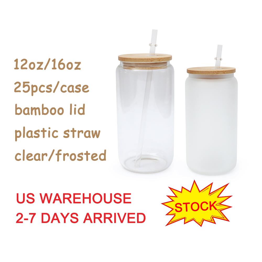 Hot Sale 12oz 16oz sublimation frosted clear libbey glasses jar coffee beer can glass cup with lid and straw