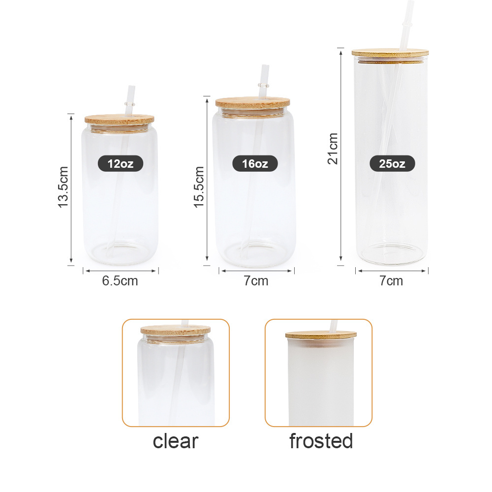 US warehouse 12oz 16oz 25oz sublimation blanks libbey glass beer can shaped clear  frost beer glass with bamboo lids and straws