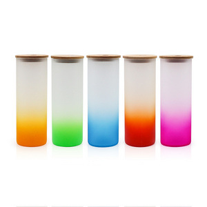 Wholesale 16oz 25oz straight frosted gradient colorful glass cup tumbler with wooden lidfrosted sublimation glass